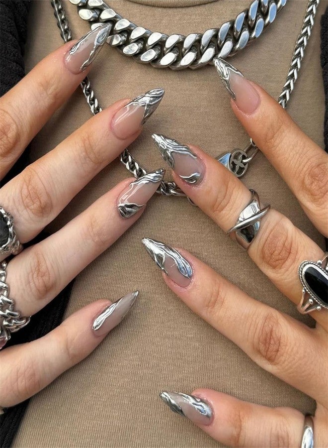 VOTACOS Press on Nails Long Almond Fake Nails with Silver Swirl Designs Full Cover False Nail Glossy Stick on Nail for Women - Image 1